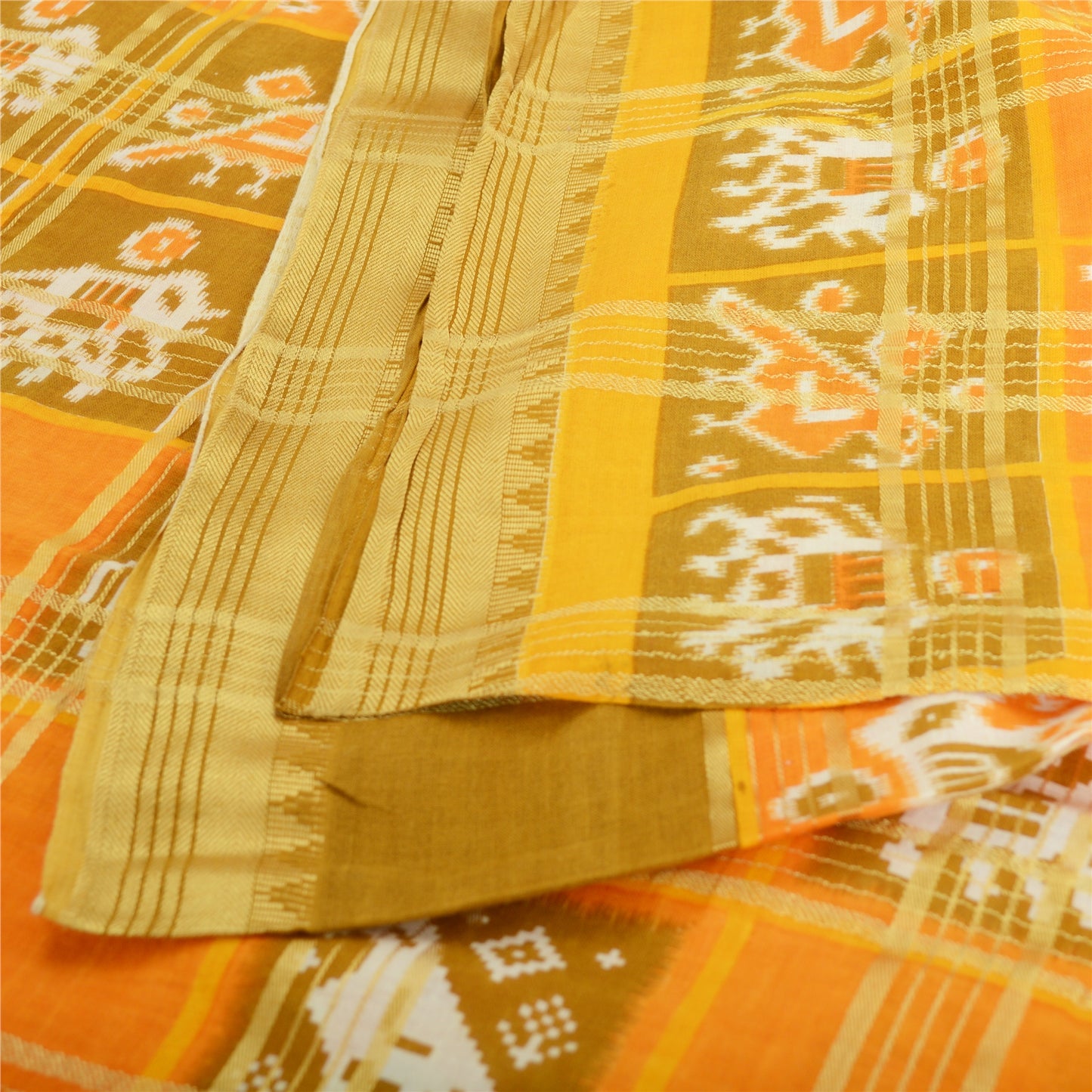 Sanskriti Vintage Sarees Yellow Pure Cotton Patan Patola Ikat Print Sari Fabric