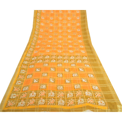 Sanskriti Vintage Sarees Yellow Pure Cotton Patan Patola Ikat Print Sari Fabric