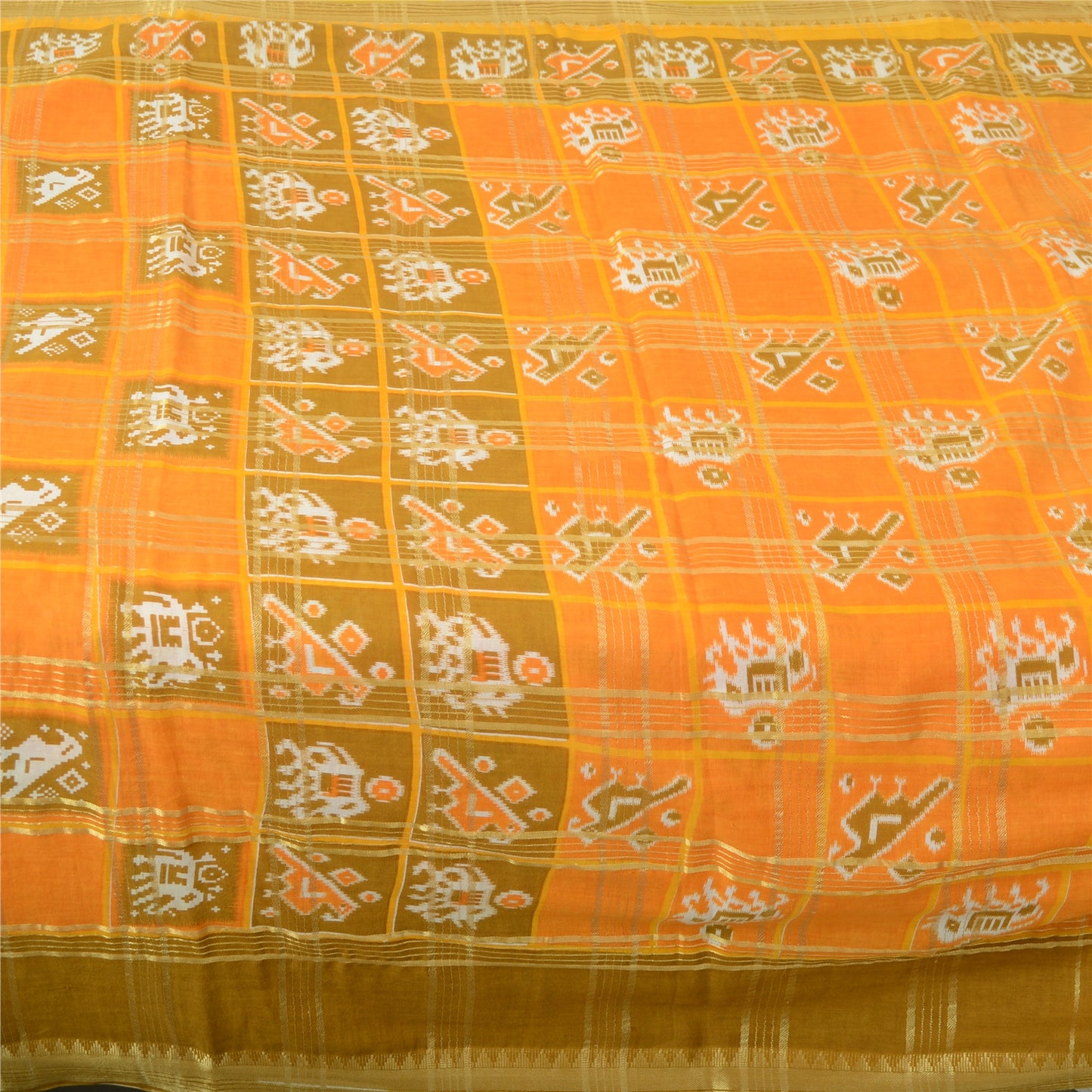 Sanskriti Vintage Sarees Yellow Pure Cotton Patan Patola Ikat Print Sari Fabric