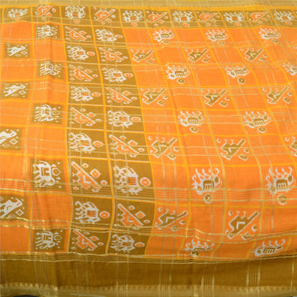 Sanskriti Vintage Sarees Yellow Pure Cotton Patan Patola Ikat Print Sari Fabric