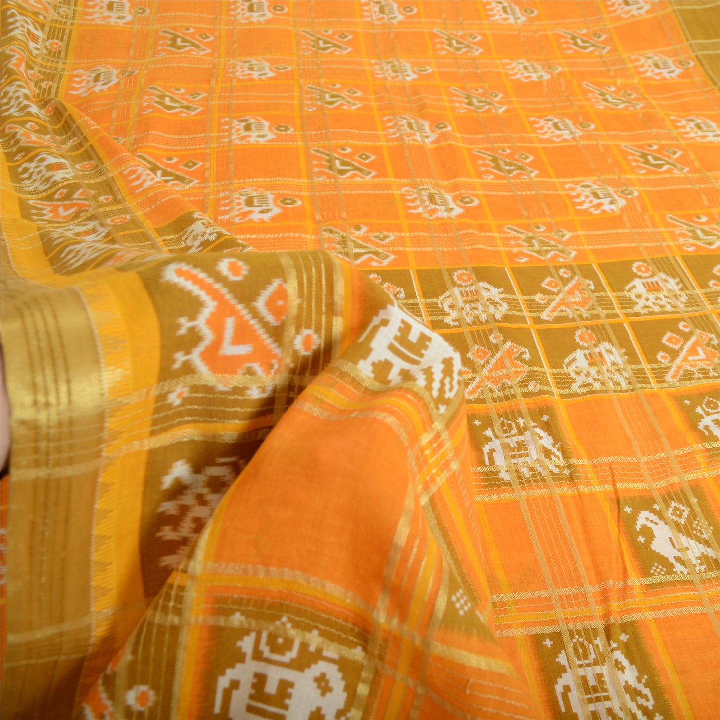 Sanskriti Vintage Sarees Yellow Pure Cotton Patan Patola Ikat Print Sari Fabric