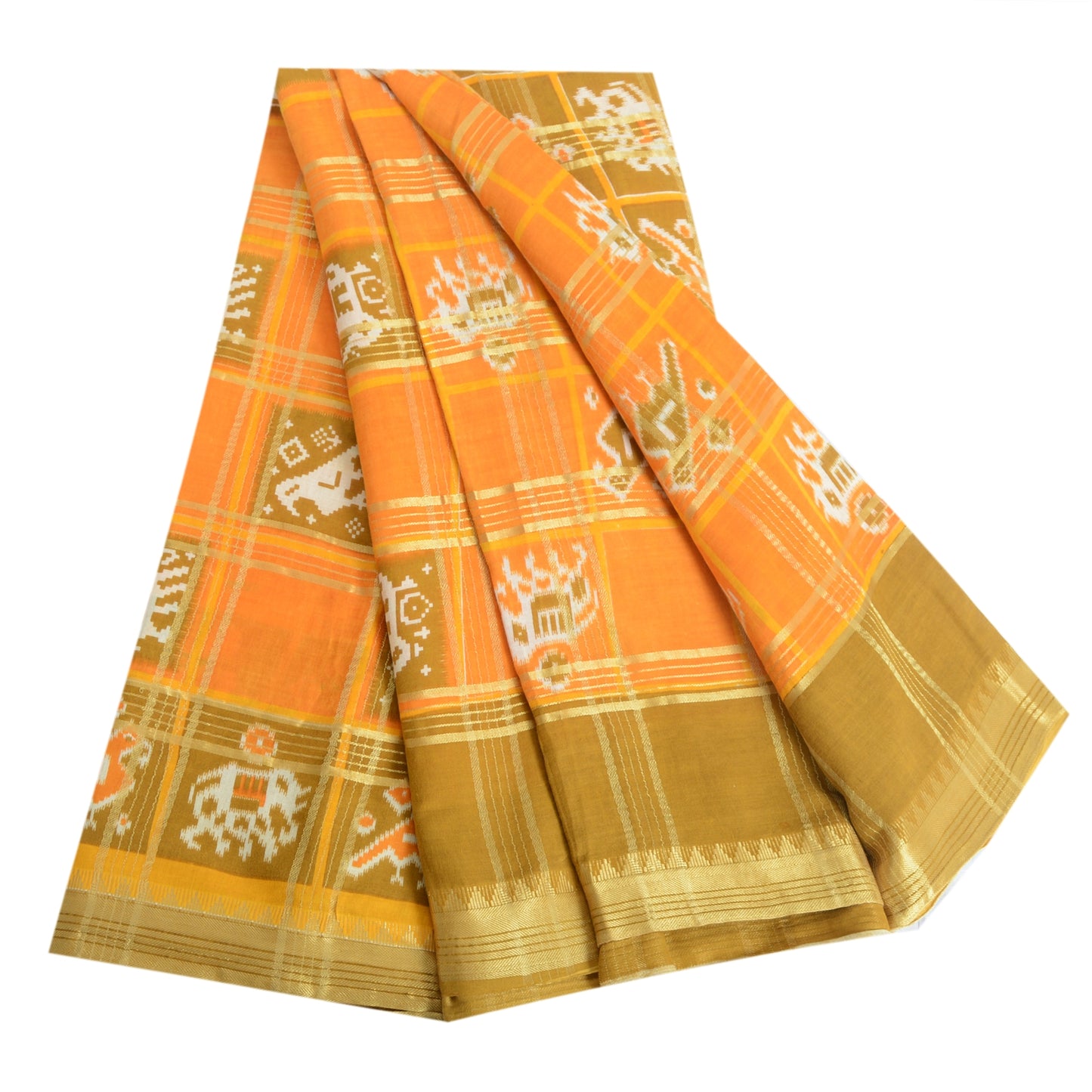 Sanskriti Vintage Sarees Yellow Pure Cotton Patan Patola Ikat Print Sari Fabric