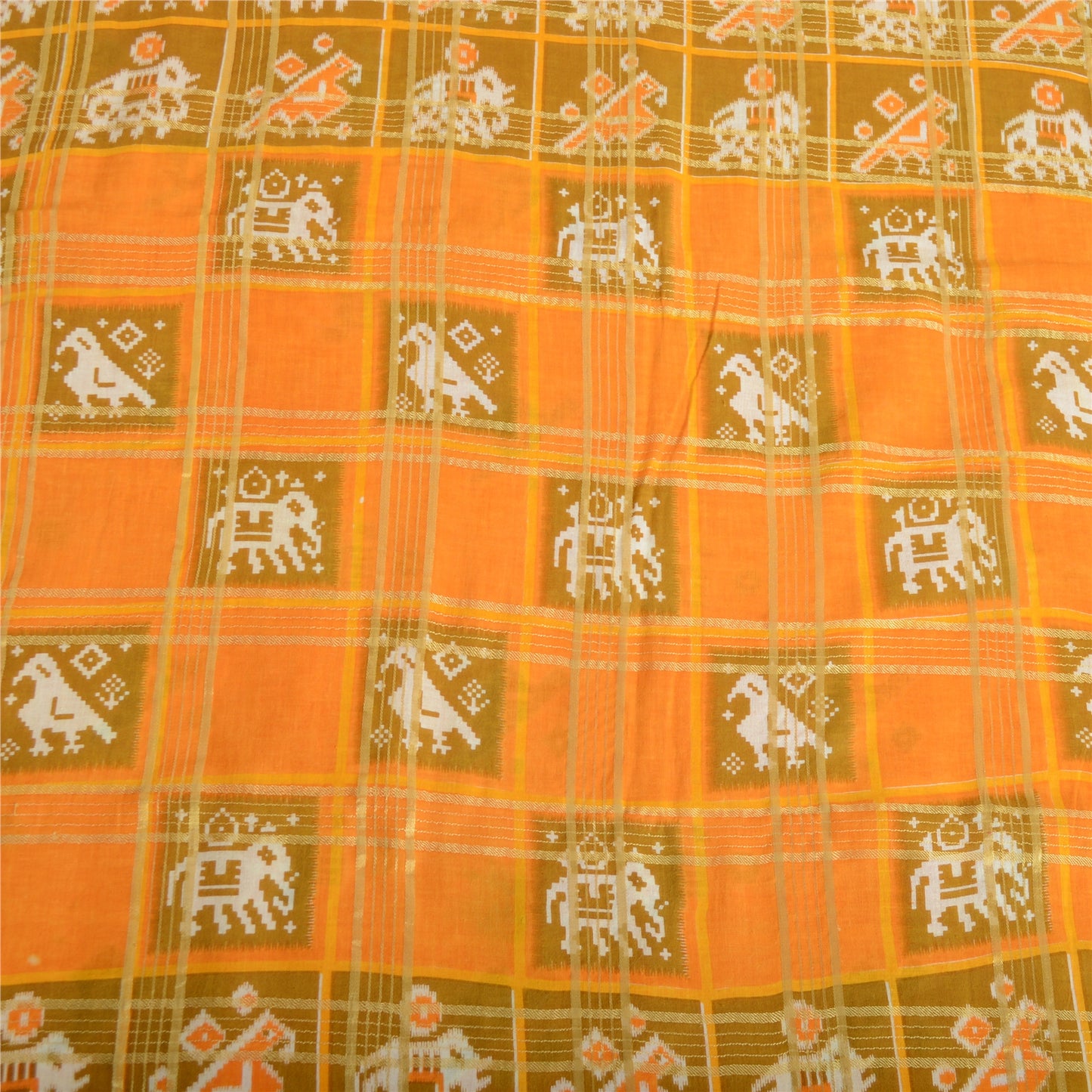 Sanskriti Vintage Sarees Yellow Pure Cotton Patan Patola Ikat Print Sari Fabric