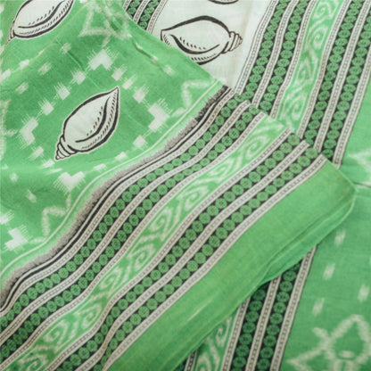 Sanskriti Vintage Sarees Green Shell Printed Pure Cotton Sari 5yd Craft Fabric