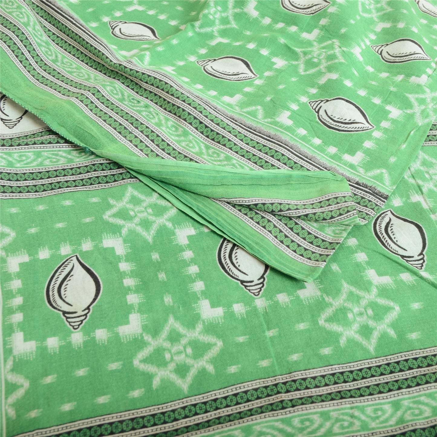 Sanskriti Vintage Sarees Green Shell Printed Pure Cotton Sari 5yd Craft Fabric