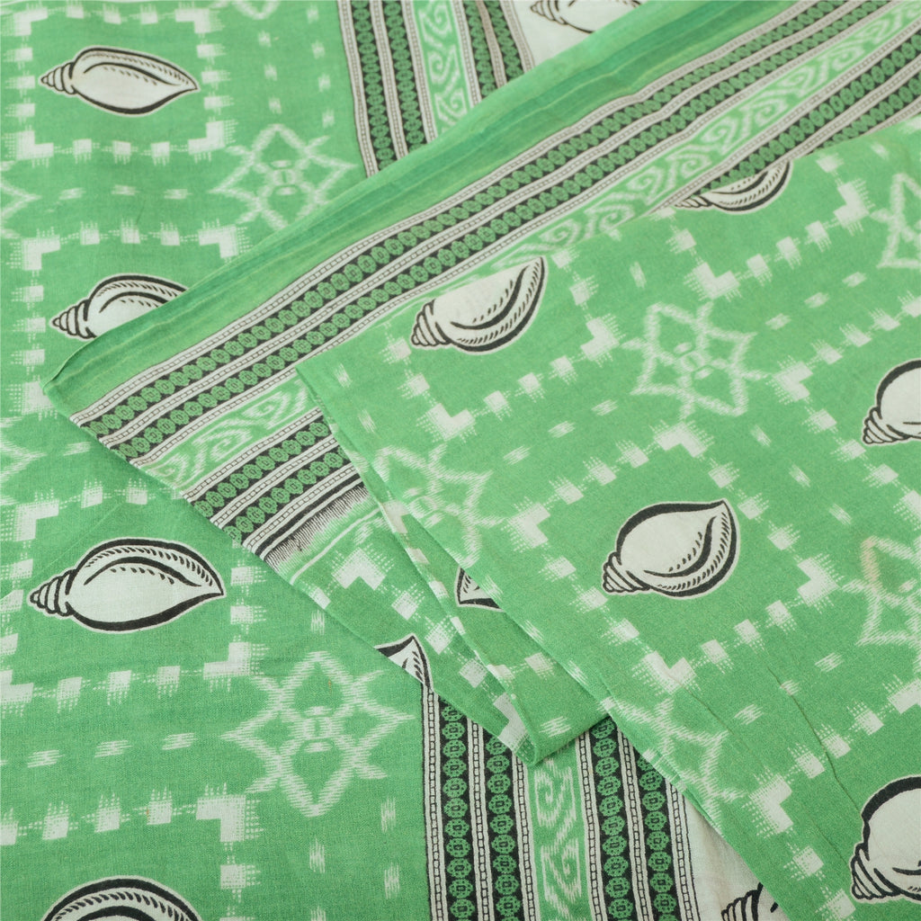 Sanskriti Vintage Sarees Green Shell Printed Pure Cotton Sari 5yd Craft Fabric