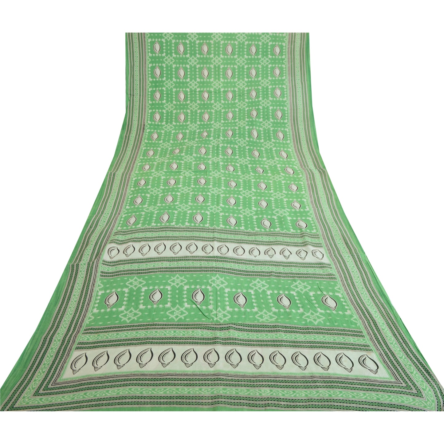 Sanskriti Vintage Sarees Green Shell Printed Pure Cotton Sari 5yd Craft Fabric