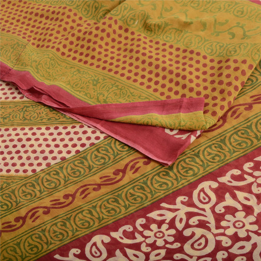 Sanskriti Vintage Sarees Red/Green Pure Cotton Printed Sari 5yd Craft Fabric