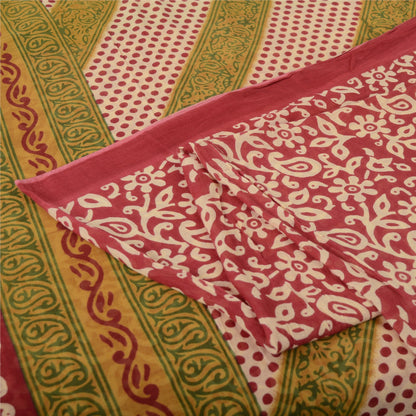 Sanskriti Vintage Sarees Red/Green Pure Cotton Printed Sari 5yd Craft Fabric