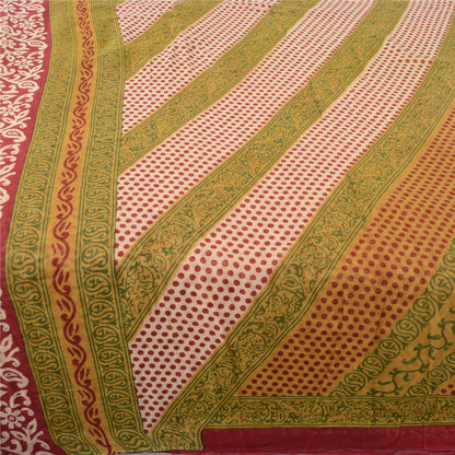 Sanskriti Vintage Sarees Red/Green Pure Cotton Printed Sari 5yd Craft Fabric