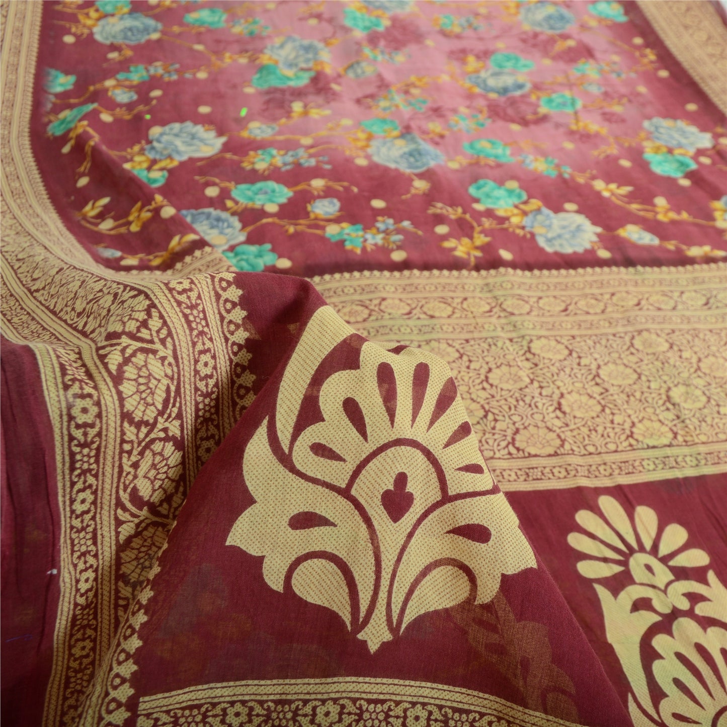 Sanskriti Vintage Sarees Indian Purple Pure Cotton Printed Sari 5yd Craft Fabric