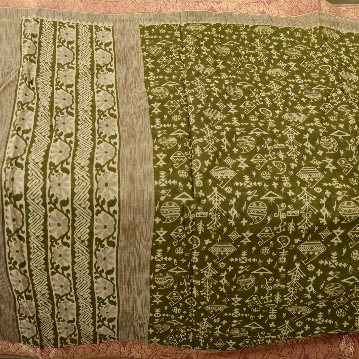 Sanskriti Vintage Sarees Indian Green Pure Cotton Print Woven Border Sari Fabric