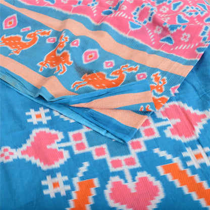 Sanskriti Vintage Sarees Pink/Blue Patan Patola Printed Pure Cotton Sari Fabric