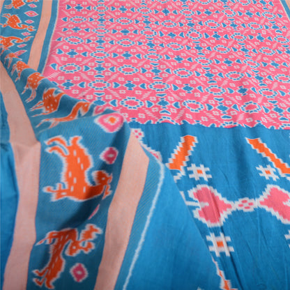 Sanskriti Vintage Sarees Pink/Blue Patan Patola Printed Pure Cotton Sari Fabric