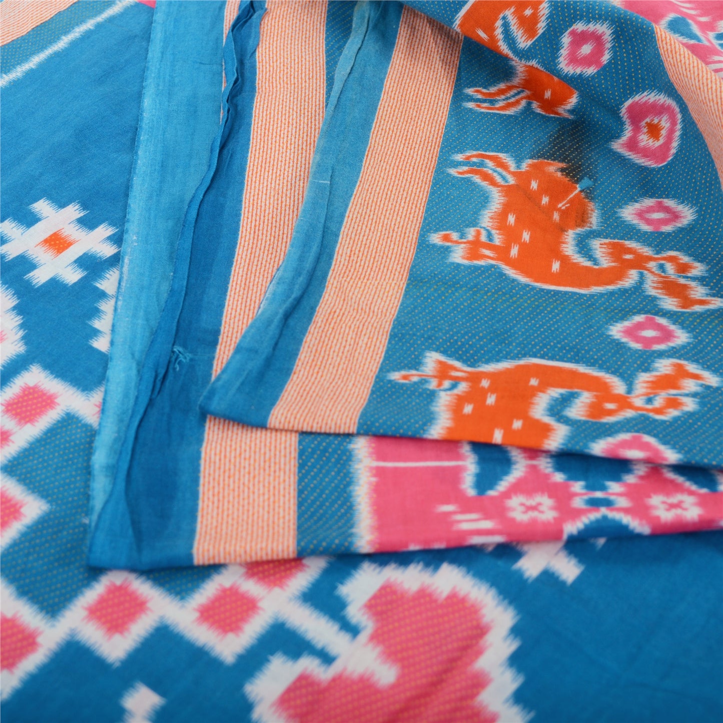 Sanskriti Vintage Sarees Pink/Blue Patan Patola Printed Pure Cotton Sari Fabric