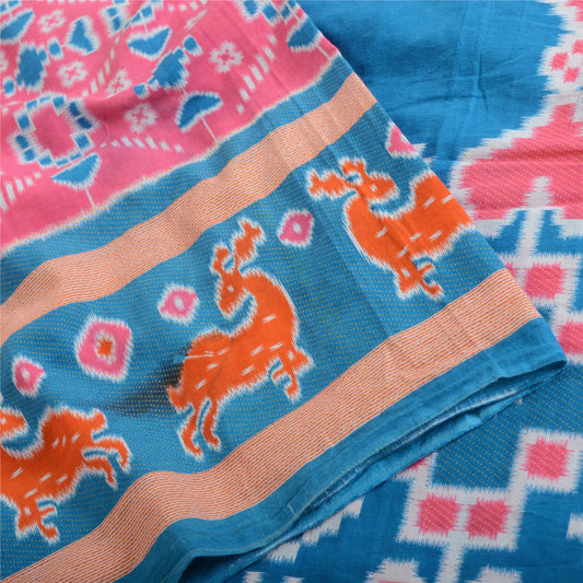 Sanskriti Vintage Sarees Pink/Blue Patan Patola Printed Pure Cotton Sari Fabric