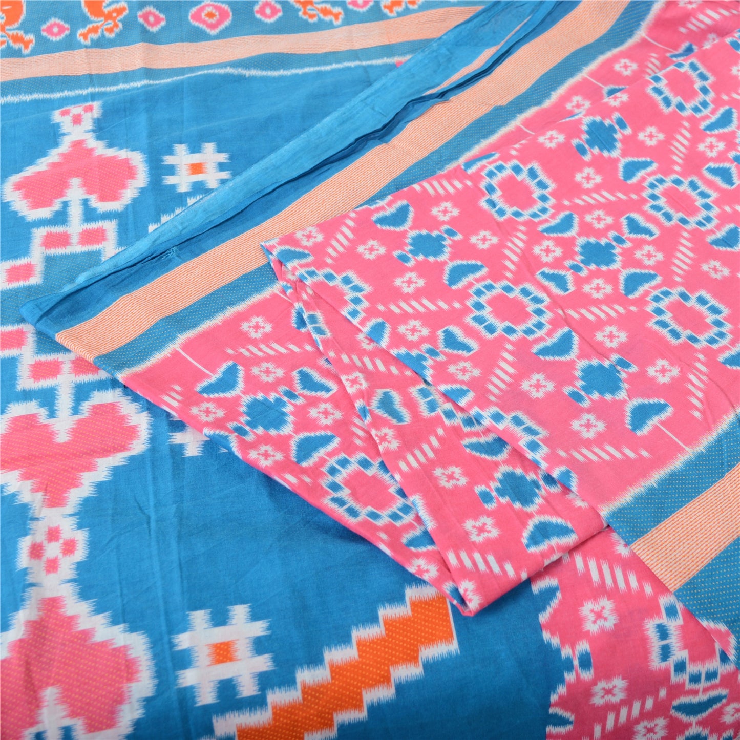 Sanskriti Vintage Sarees Pink/Blue Patan Patola Printed Pure Cotton Sari Fabric