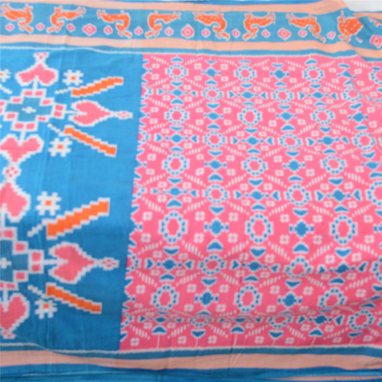 Sanskriti Vintage Sarees Pink/Blue Patan Patola Printed Pure Cotton Sari Fabric