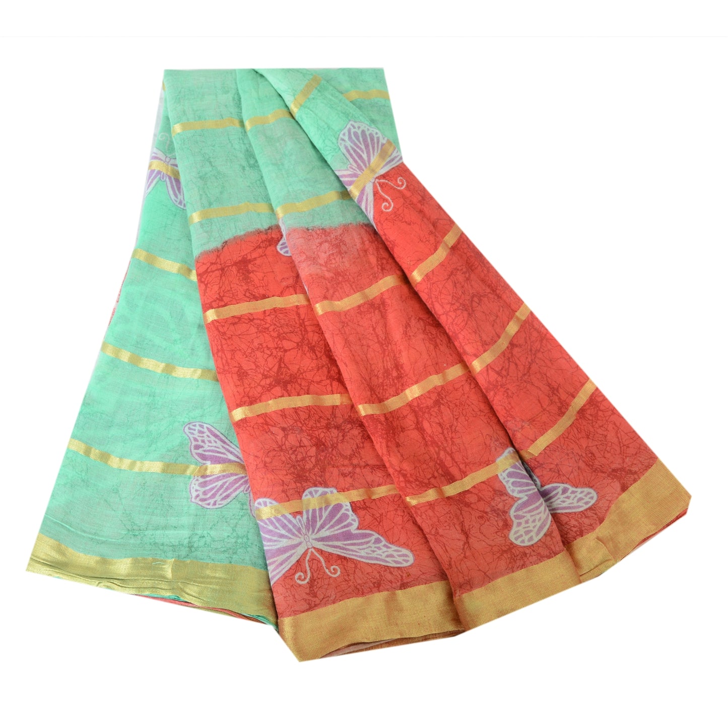 Sanskriti Vintage Sarees Green/Red Pure Cotton Printed Woven Sari Craft Fabric