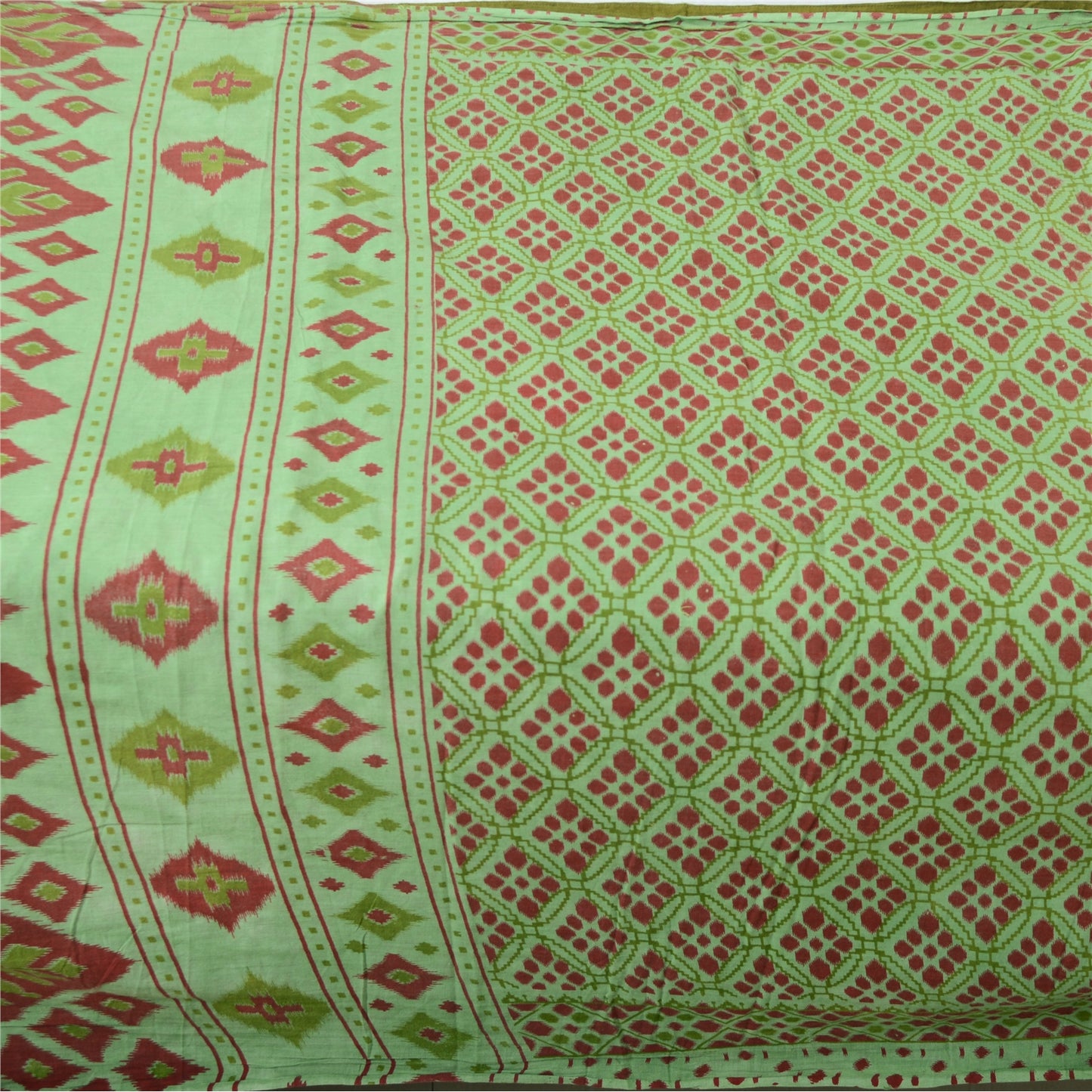 Sanskriti Vintage Sarees Green/Red Pure Cotton Ikat Print Sari 5yd Craft Fabric