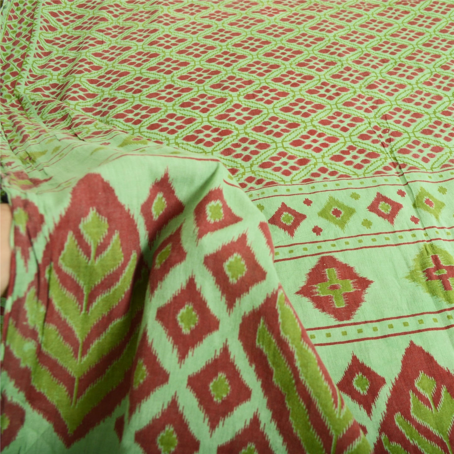 Sanskriti Vintage Sarees Green/Red Pure Cotton Ikat Print Sari 5yd Craft Fabric