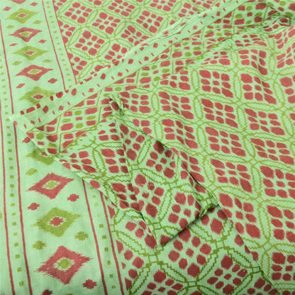 Sanskriti Vintage Sarees Green/Red Pure Cotton Ikat Print Sari 5yd Craft Fabric