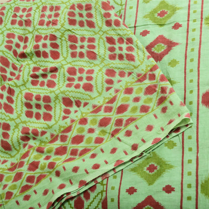 Sanskriti Vintage Sarees Green/Red Pure Cotton Ikat Print Sari 5yd Craft Fabric