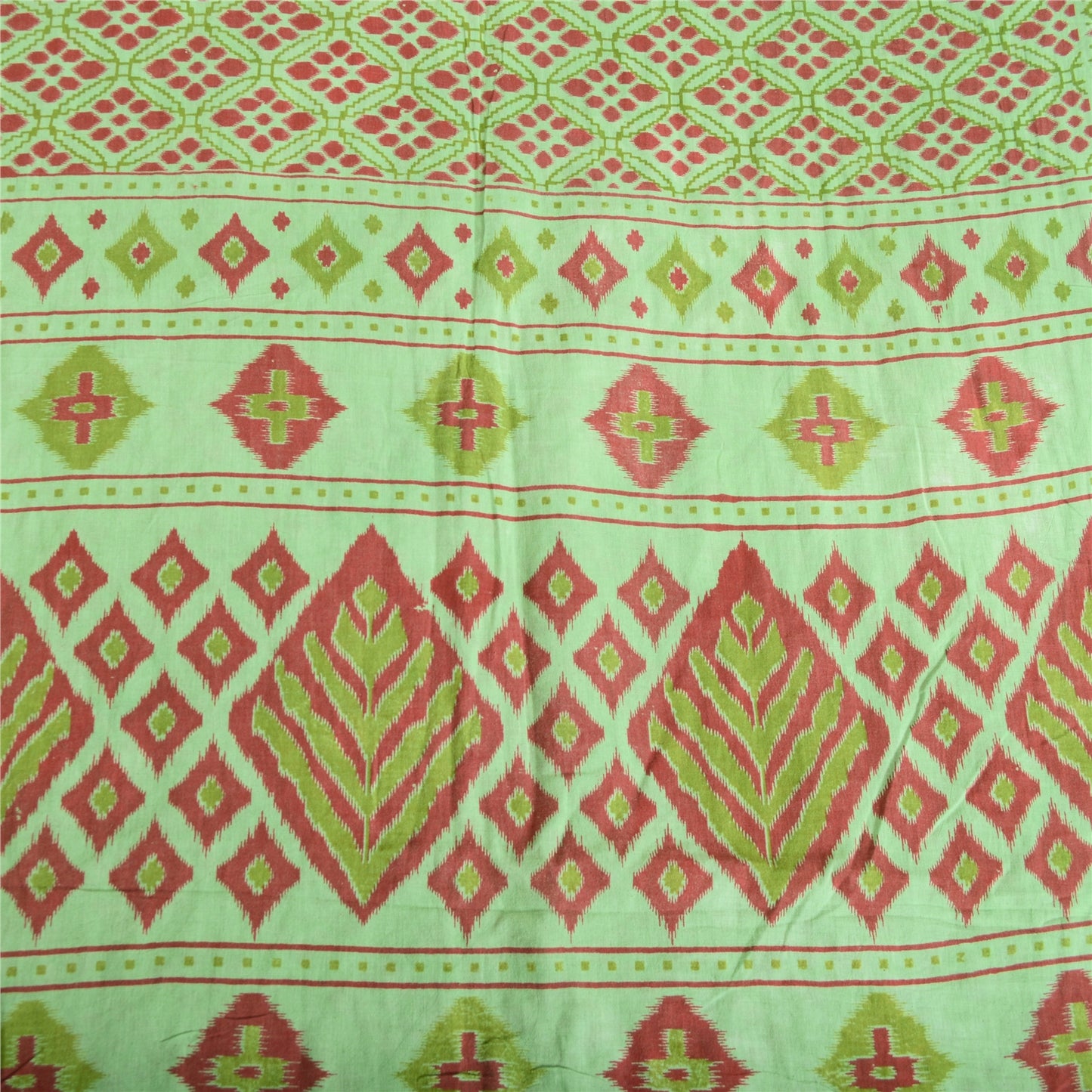 Sanskriti Vintage Sarees Green/Red Pure Cotton Ikat Print Sari 5yd Craft Fabric