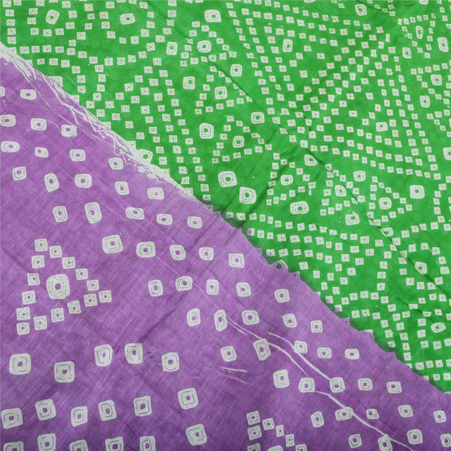 Sanskriti Vintage Sarees Purple/Green Bandhani Print Pure Cotton Sari 5yd Fabric