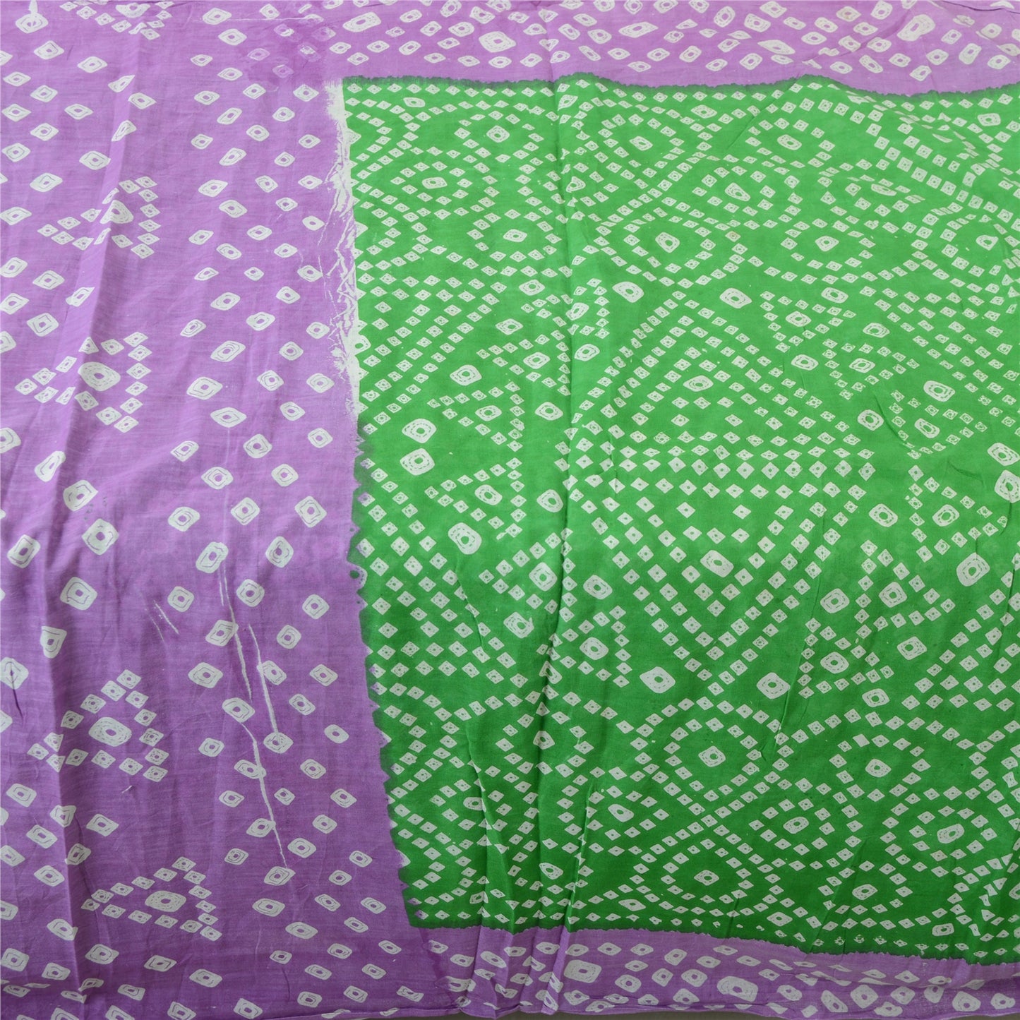 Sanskriti Vintage Sarees Purple/Green Bandhani Print Pure Cotton Sari 5yd Fabric