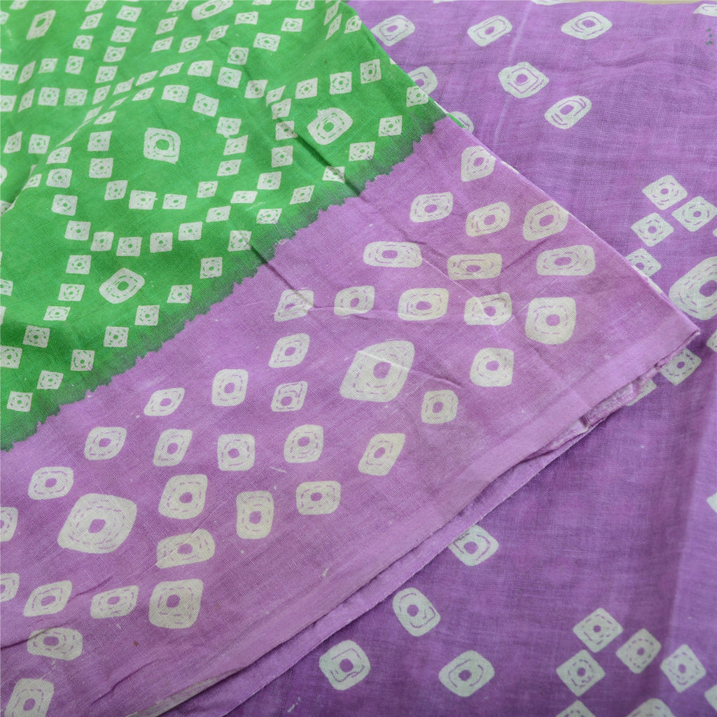 Sanskriti Vintage Sarees Purple/Green Bandhani Print Pure Cotton Sari 5yd Fabric