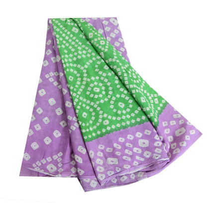 Sanskriti Vintage Sarees Purple/Green Bandhani Print Pure Cotton Sari 5yd Fabric