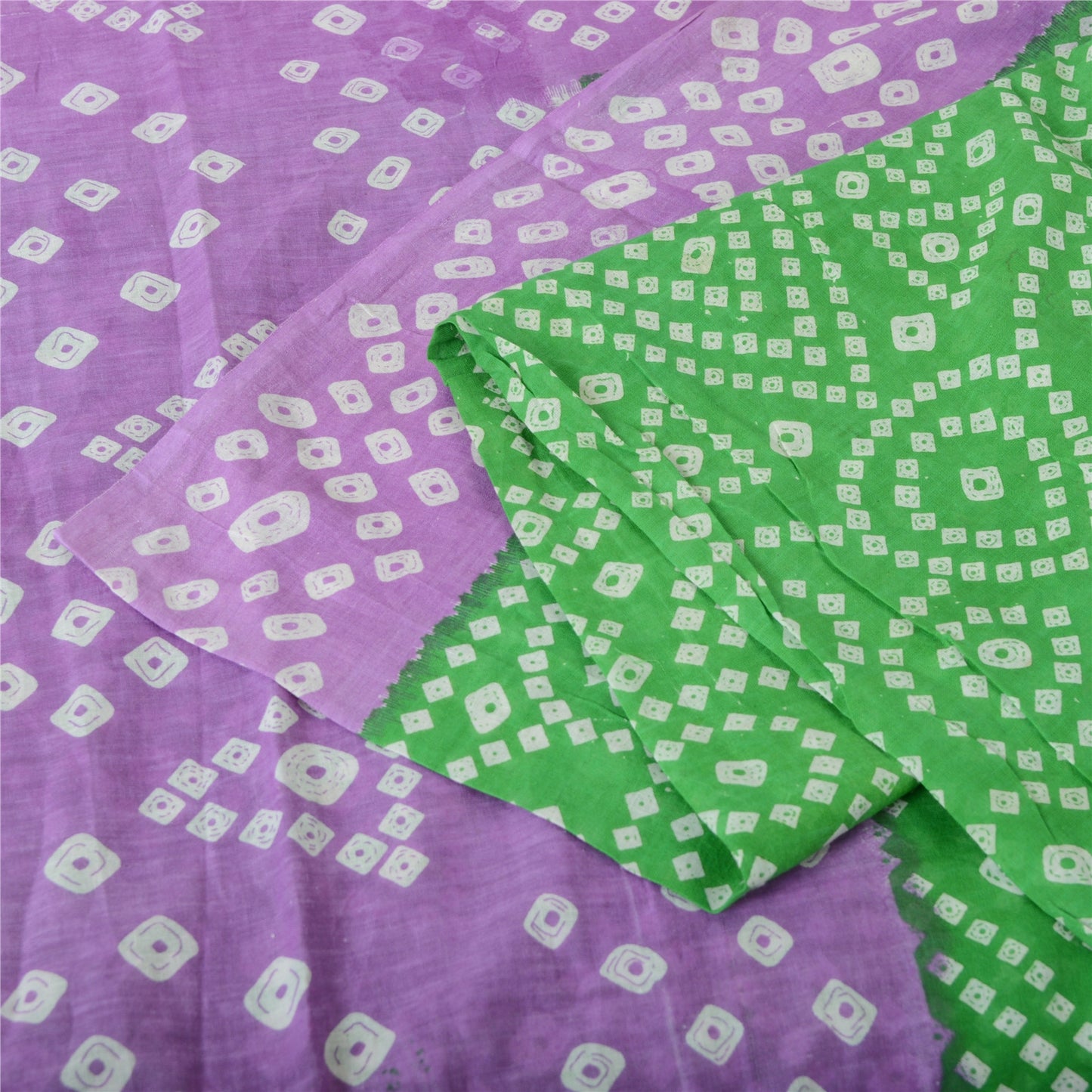 Sanskriti Vintage Sarees Purple/Green Bandhani Print Pure Cotton Sari 5yd Fabric