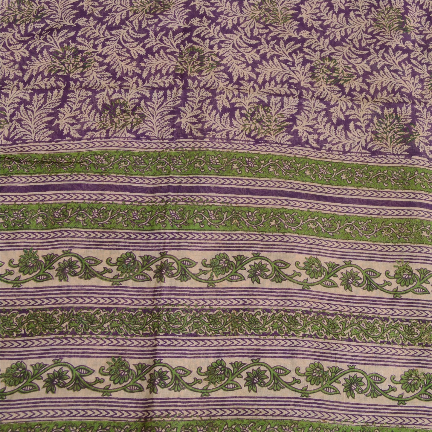 Sanskriti Vintage Sarees Purple/Green Pure Cotton Printed Sari 5yd Craft Fabric