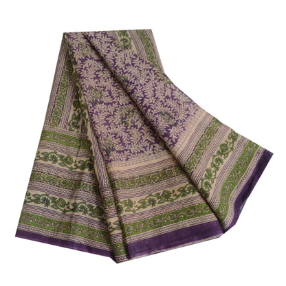 Sanskriti Vintage Sarees Purple/Green Pure Cotton Printed Sari 5yd Craft Fabric