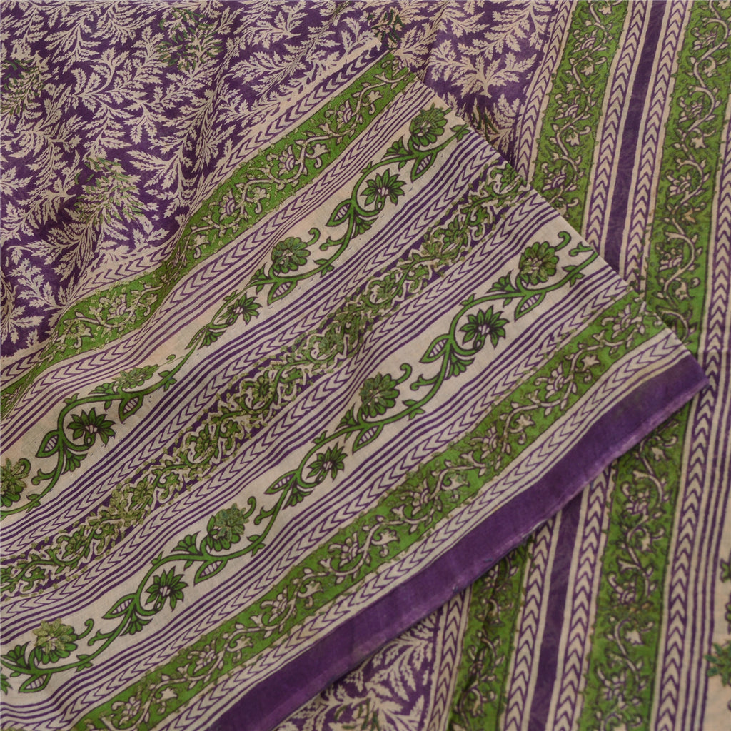 Sanskriti Vintage Sarees Purple/Green Pure Cotton Printed Sari 5yd Craft Fabric