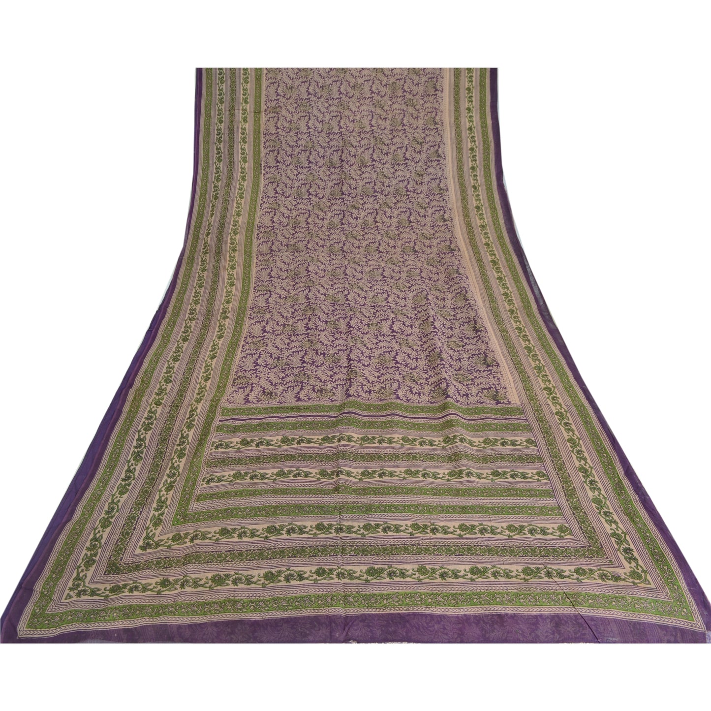 Sanskriti Vintage Sarees Purple/Green Pure Cotton Printed Sari 5yd Craft Fabric