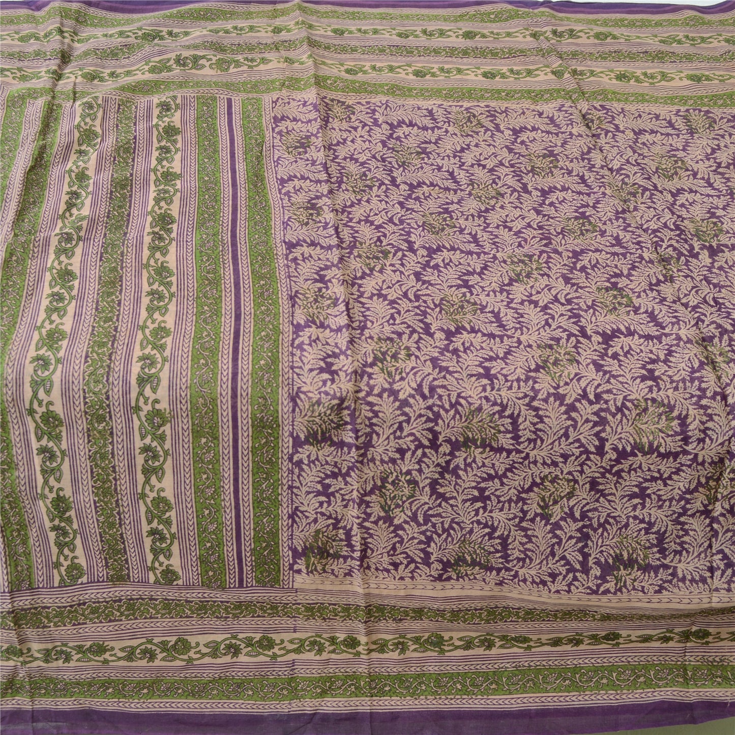 Sanskriti Vintage Sarees Purple/Green Pure Cotton Printed Sari 5yd Craft Fabric