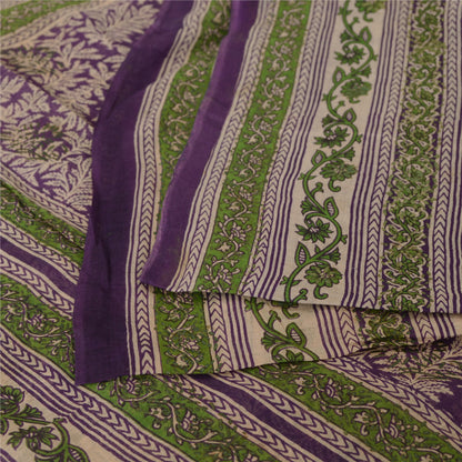 Sanskriti Vintage Sarees Purple/Green Pure Cotton Printed Sari 5yd Craft Fabric