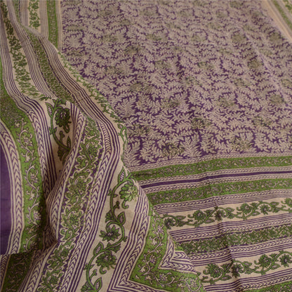 Sanskriti Vintage Sarees Purple/Green Pure Cotton Printed Sari 5yd Craft Fabric