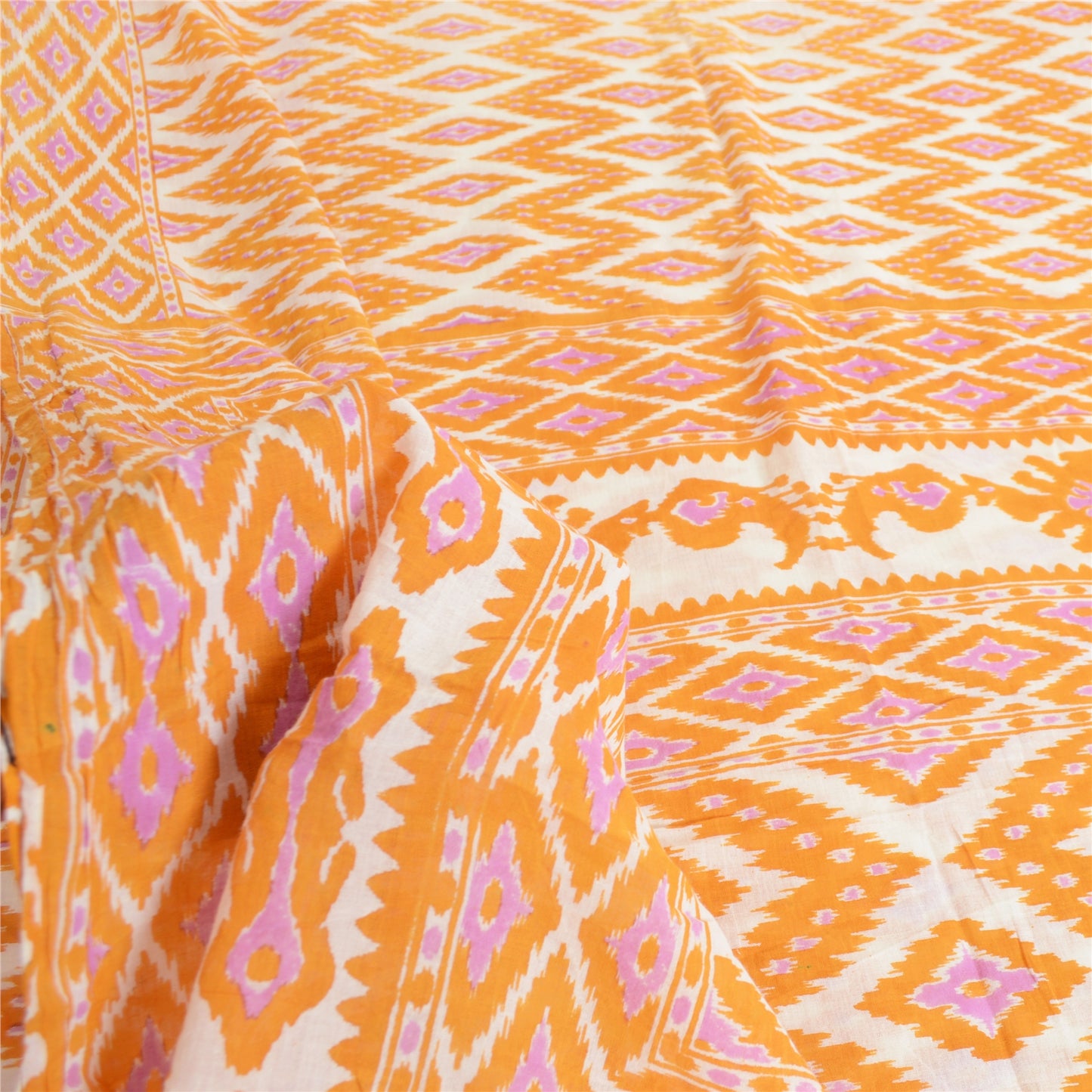 Sanskriti Vintage Sarees Yellow/White Pure Cotton Printed Sari 5yd Craft Fabric