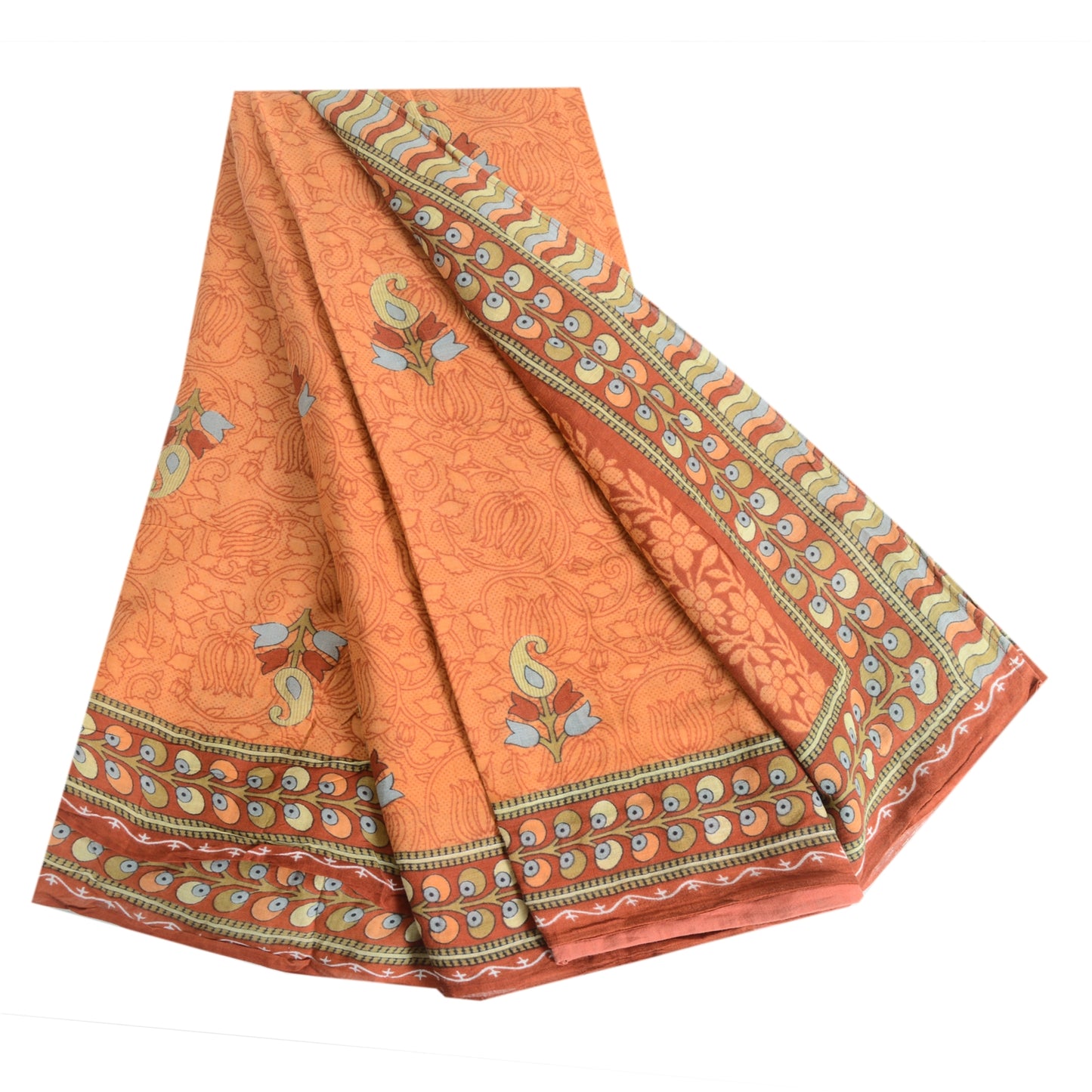 Sanskriti Vintage Sarees Indian Peach Pure Cotton Printed Sari 5yd Craft Fabric