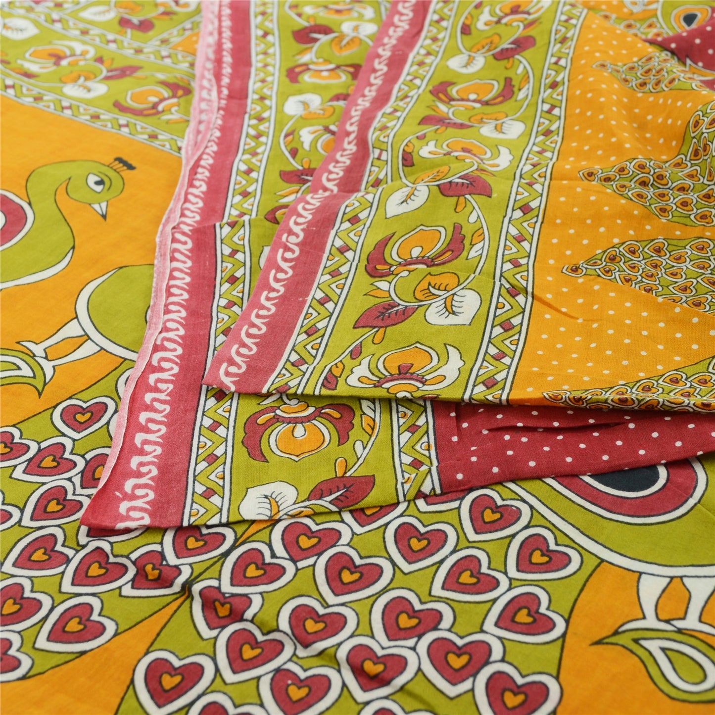 Sanskriti Vintage Sarees Pure Cotton Peacock Handmade KalamkariPrint Sari Fabric