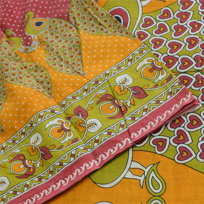 Sanskriti Vintage Sarees Pure Cotton Peacock Handmade KalamkariPrint Sari Fabric