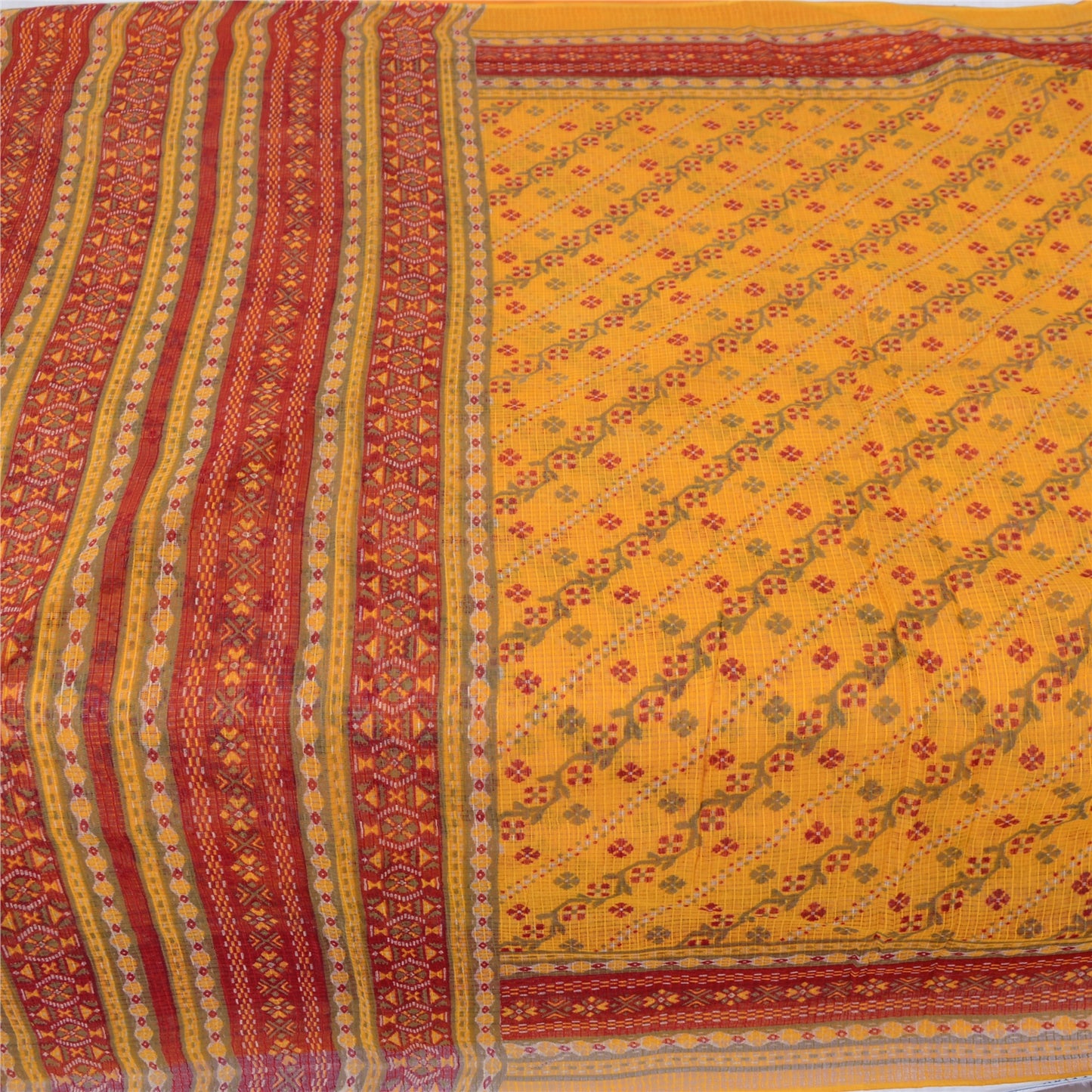 Sanskriti Vintage Sarees Yellow/Red Pure Cotton Printed Woven Sari Craft Fabric