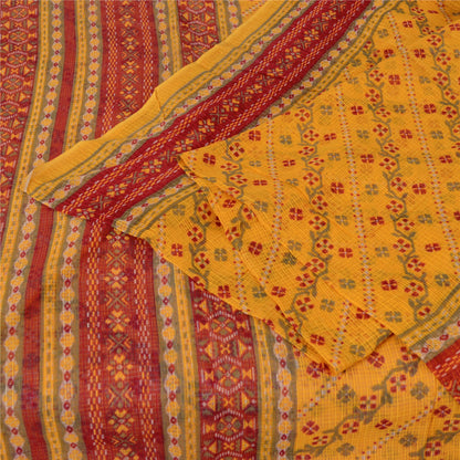 Sanskriti Vintage Sarees Yellow/Red Pure Cotton Printed Woven Sari Craft Fabric