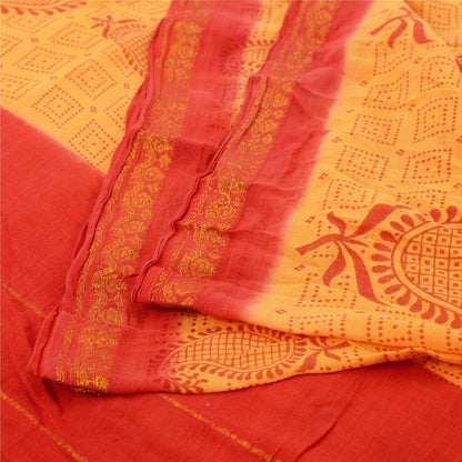 Sanskriti Vintage Sarees Yellow/Red Pure Cotton Zari Woven Printed Sari Fabric