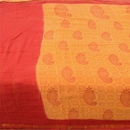 Sanskriti Vintage Sarees Yellow/Red Pure Cotton Zari Woven Printed Sari Fabric