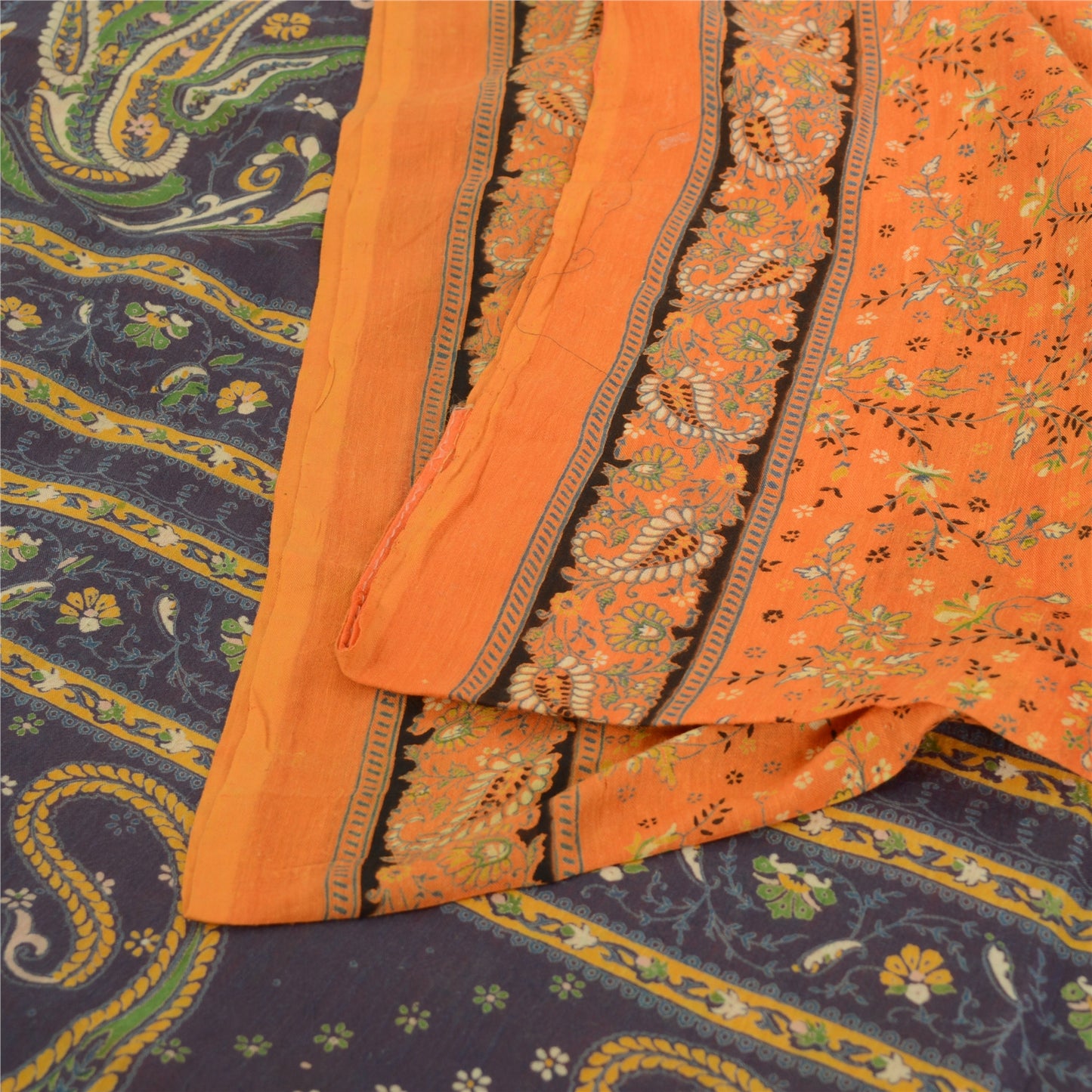 Sanskriti Vintage Sarees Saffron 100% Pure Cotton Printed Sari 5yd Craft Fabric