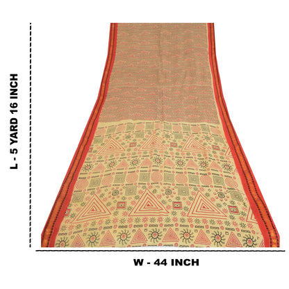 Sanskriti Vintage Sarees Cream Pure Cotton Block Printed Sari 5yd Craft Fabric